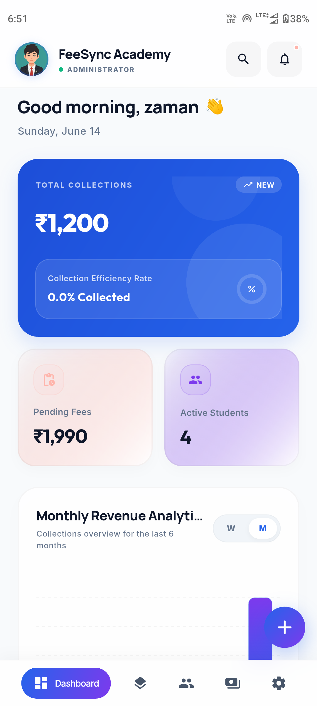 FeeSync dashboard showing automated tuition fee installment tracker